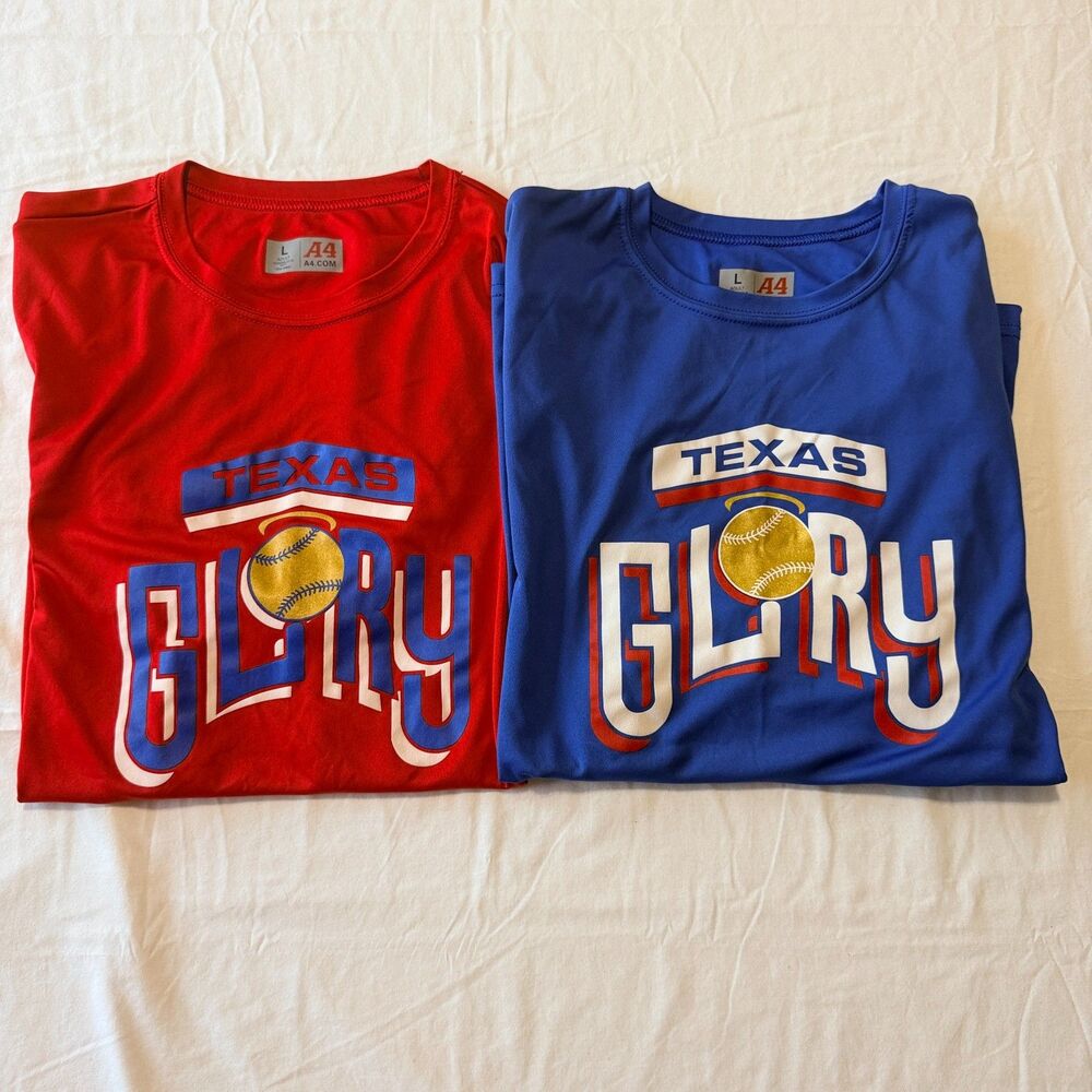 Lot of 2 Texas Glory Fastpitch Softball Shirts A4 Performance Moisture Wicking L